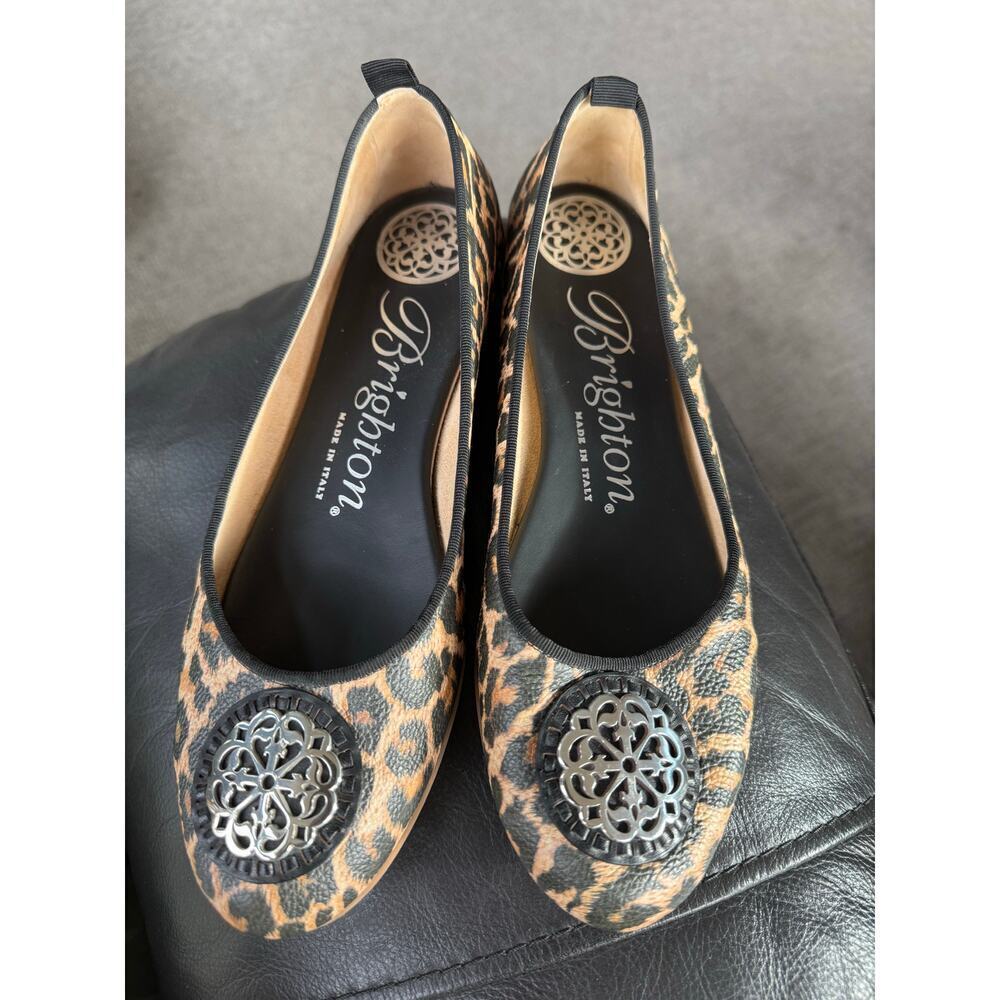 Brighton Aleta cheetah leather 9 silver logo flats Italy‎
